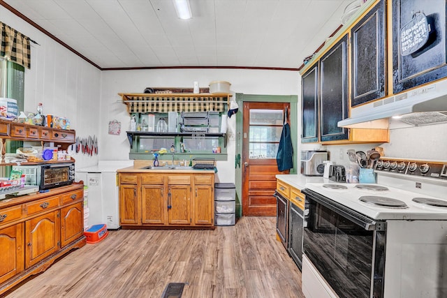 131 Indian Ln, Eagle Rock, VA 24085 - kitchen with white range with electric stovetop, crown molding, light wood-style flooring, light countertops, and under cabinet range hood