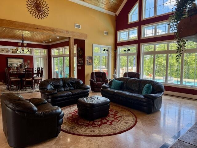1038 Lees Mill Ln, Goode, VA 24556 - living area featuring plenty of natural light, wooden ceiling, ornamental molding, marble tiled floors, and a high ceiling