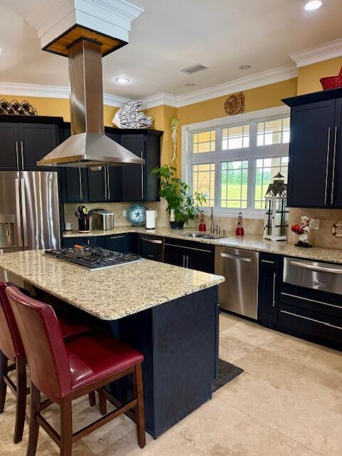 1038 Lees Mill Ln, Goode, VA 24556 - kitchen with appliances with stainless steel finishes, a warming drawer, dark cabinets, a sink, and a kitchen bar