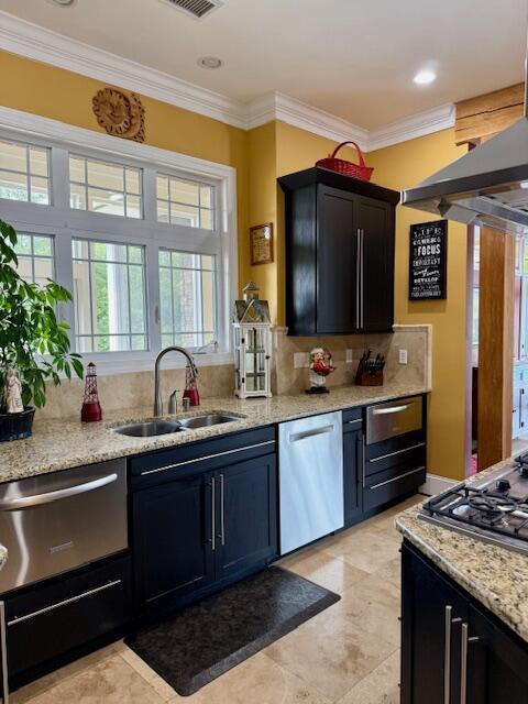 1038 Lees Mill Ln, Goode, VA 24556 - kitchen featuring a sink, appliances with stainless steel finishes, decorative backsplash, a warming drawer, and ornamental molding