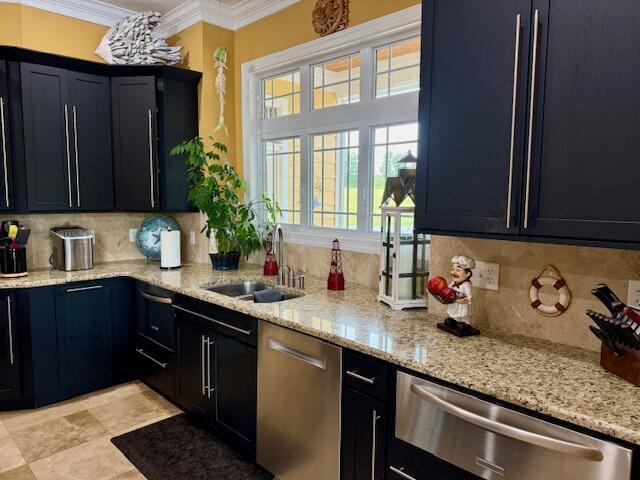 1038 Lees Mill Ln, Goode, VA 24556 - kitchen with a sink, stainless steel dishwasher, ornamental molding, a warming drawer, and backsplash