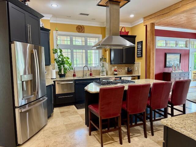 1038 Lees Mill Ln, Goode, VA 24556 - kitchen featuring stainless steel appliances, a sink, a kitchen breakfast bar, dark cabinets, and crown molding
