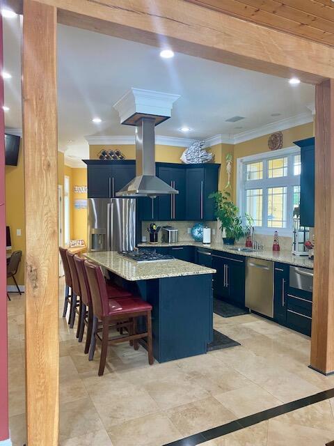 1038 Lees Mill Ln, Goode, VA 24556 - kitchen with appliances with stainless steel finishes, blue cabinetry, a breakfast bar area, light stone counters, and island range hood