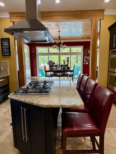 1038 Lees Mill Ln, Goode, VA 24556 - kitchen featuring appliances with stainless steel finishes, island exhaust hood, recessed lighting, light stone countertops, and a kitchen island