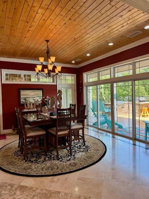 1038 Lees Mill Ln, Goode, VA 24556 - dining room featuring ornamental molding, wooden ceiling, a chandelier, and recessed lighting