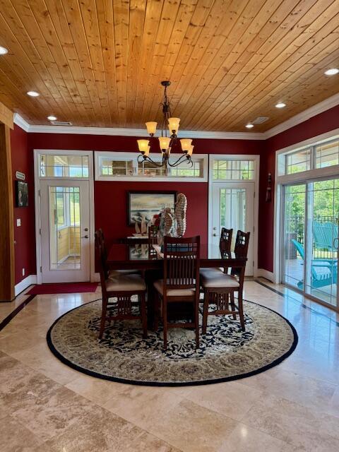 1038 Lees Mill Ln, Goode, VA 24556 - dining area with ornamental molding, recessed lighting, a chandelier, wood ceiling, and baseboards