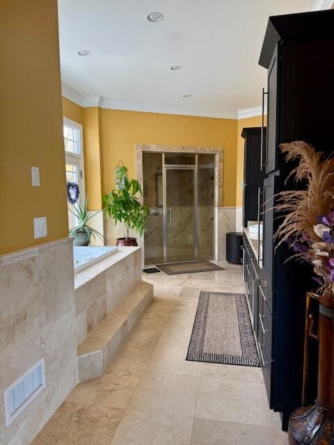 1038 Lees Mill Ln, Goode, VA 24556 - full bath featuring crown molding, a garden tub, a shower stall, recessed lighting, and vanity