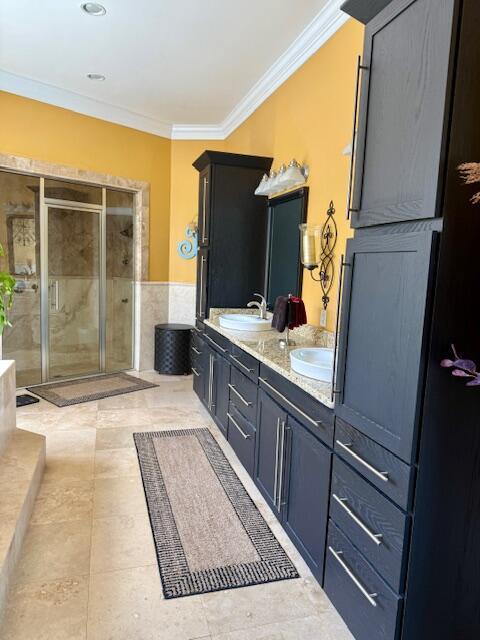 1038 Lees Mill Ln, Goode, VA 24556 - bathroom with crown molding, a shower stall, double vanity, tile patterned floors, and a tub to relax in