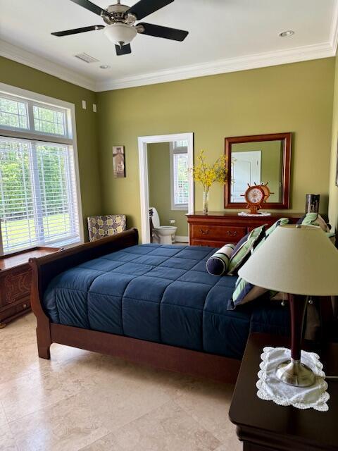 1038 Lees Mill Ln, Goode, VA 24556 - bedroom featuring crown molding, a ceiling fan, and tile patterned flooring