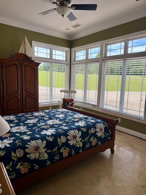 1038 Lees Mill Ln, Goode, VA 24556 - bedroom featuring multiple windows, crown molding, a ceiling fan, and light tile patterned floors