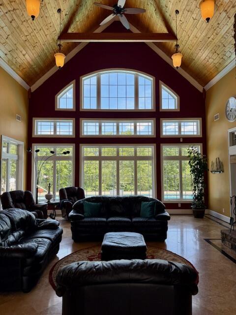 1038 Lees Mill Ln, Goode, VA 24556 - living area featuring high vaulted ceiling, plenty of natural light, ceiling fan, wood ceiling, and baseboards