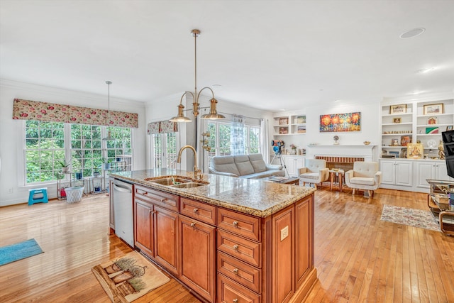 1160 Belcroft Ct, Roanoke, VA 24018 - kitchen with stainless steel dishwasher, open floor plan, light wood-type flooring, light stone countertops, and ornamental molding