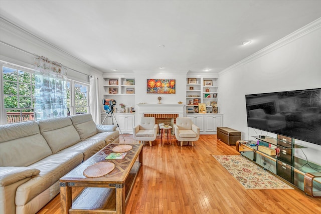 1160 Belcroft Ct, Roanoke, VA 24018 - living area featuring a fireplace, light wood finished floors, crown molding, and built in features