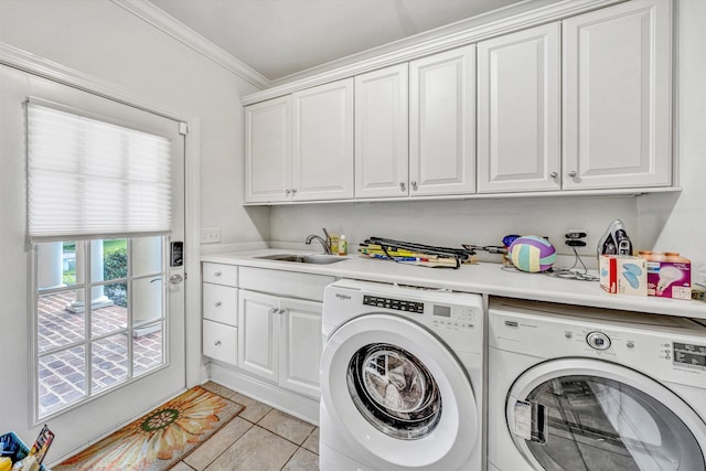 1160 Belcroft Ct, Roanoke, VA 24018 - laundry area with washing machine and clothes dryer, cabinet space, light tile patterned floors, and crown molding