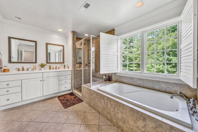 1160 Belcroft Ct, Roanoke, VA 24018 - full bathroom featuring double vanity, a stall shower, a bath, crown molding, and tile patterned floors