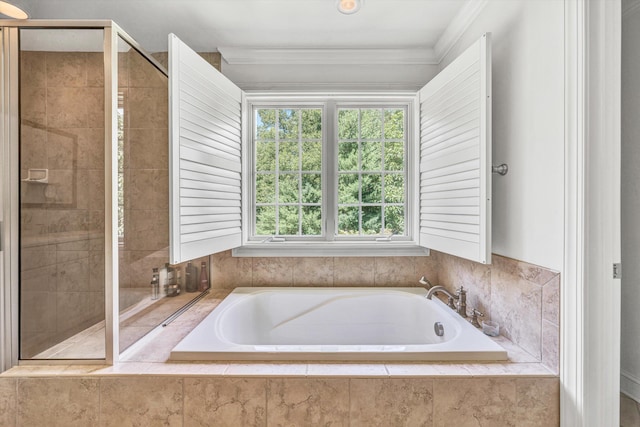 1160 Belcroft Ct, Roanoke, VA 24018 - bathroom featuring a bath, ornamental molding, and a shower stall