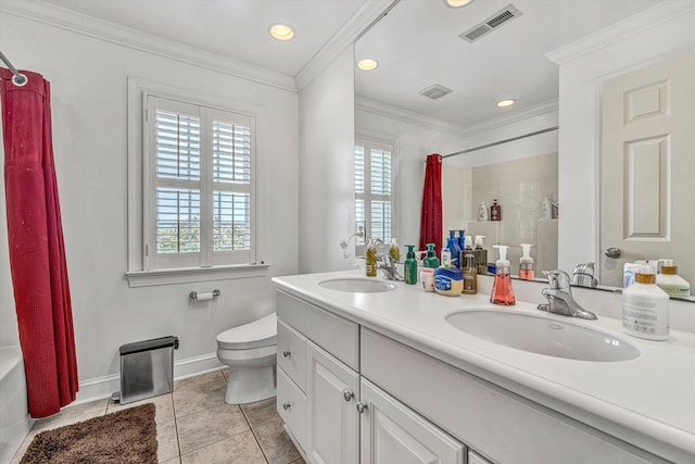 1160 Belcroft Ct, Roanoke, VA 24018 - full bathroom with double vanity, tile patterned floors, crown molding, recessed lighting, and shower / tub combo with curtain
