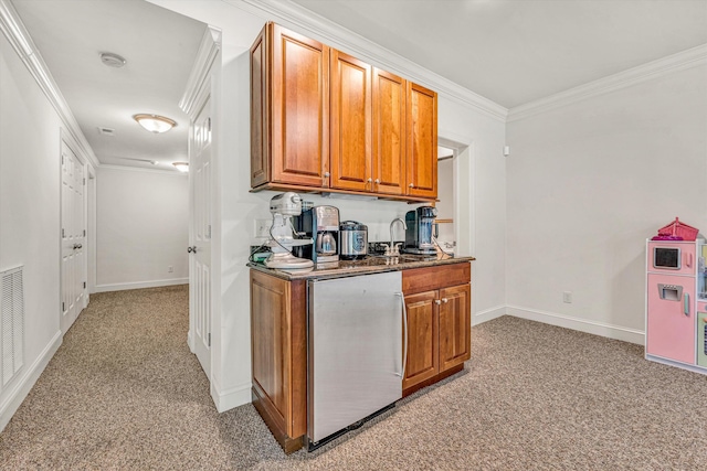 1160 Belcroft Ct, Roanoke, VA 24018 - kitchen featuring refrigerator, light colored carpet, crown molding, and brown cabinets