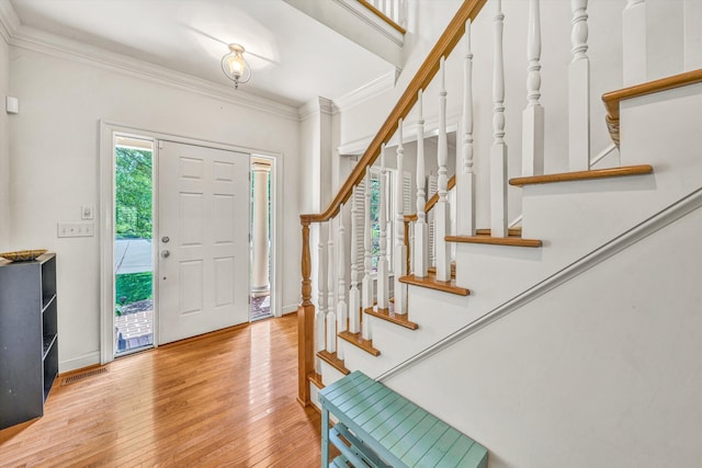 1160 Belcroft Ct, Roanoke, VA 24018 - entryway with hardwood / wood-style flooring, stairway, and ornamental molding