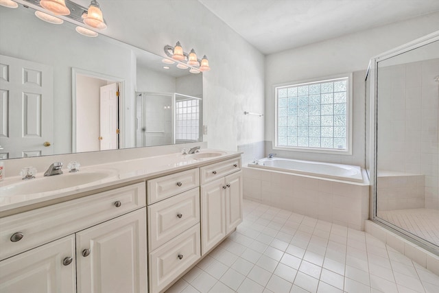 3303 Belshire Ct SW, Roanoke, VA 24014 - bathroom featuring a shower stall, double vanity, tile patterned flooring, and a garden tub