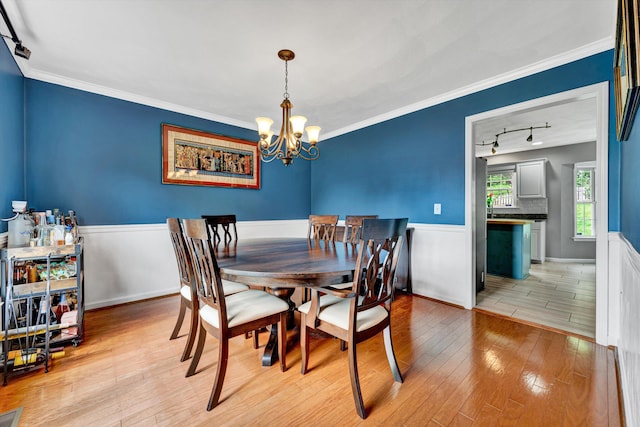 135 Sapphire Ave, Christiansburg, VA 24073 - dining room with rail lighting, light wood-type flooring, a chandelier, a wainscoted wall, and ornamental molding