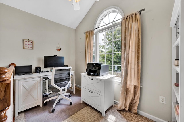 135 Sapphire Ave, Christiansburg, VA 24073 - home office featuring light colored carpet, baseboards, a ceiling fan, and high vaulted ceiling