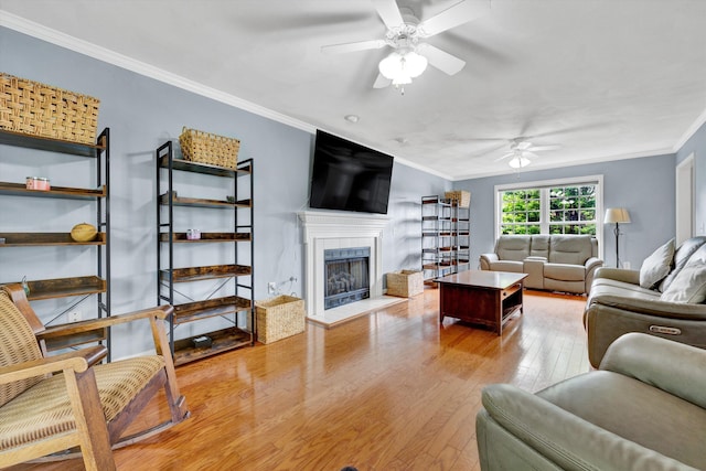 135 Sapphire Ave, Christiansburg, VA 24073 - living room with a ceiling fan, hardwood / wood-style flooring, a fireplace with raised hearth, and ornamental molding