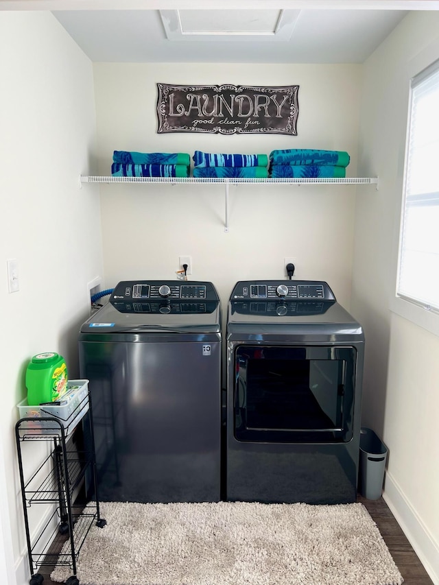 103 Retreat Ln, Huddleston, VA 24104 - laundry room with washing machine and clothes dryer, attic access, baseboards, and wood finished floors