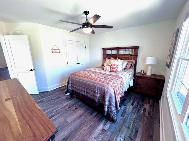 103 Retreat Ln, Huddleston, VA 24104 - bedroom featuring dark wood finished floors, baseboards, a ceiling fan, and a closet