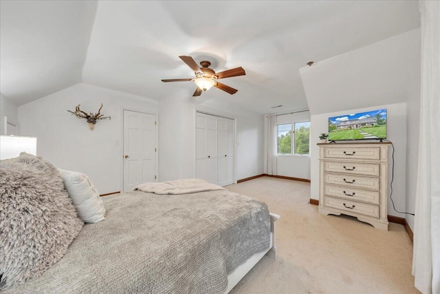 20728 Virgil H Goode Hwy, Rocky Mount, VA 24151 - bedroom with a ceiling fan, baseboards, light colored carpet, lofted ceiling, and a closet