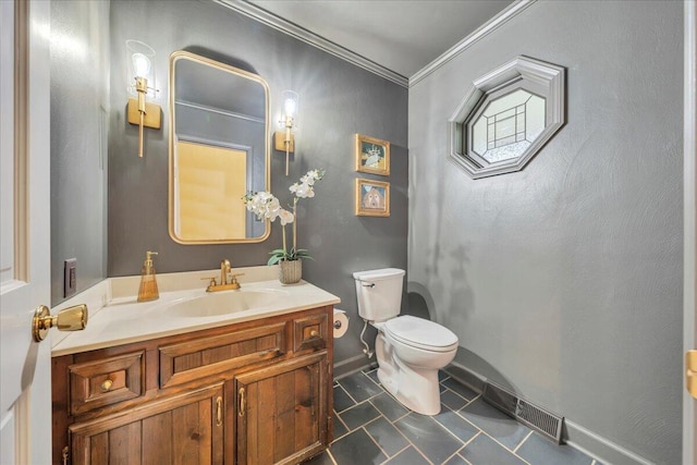 20728 Virgil H Goode Hwy, Rocky Mount, VA 24151 - half bath with toilet, vanity, tile patterned floors, baseboards, and crown molding