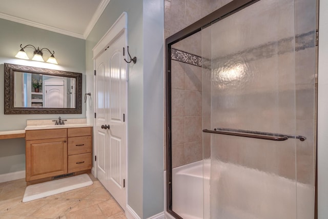 317 Cumberland Gap Rd, Newport, VA 24128 - bathroom featuring crown molding, baseboards, a shower with door, and vanity