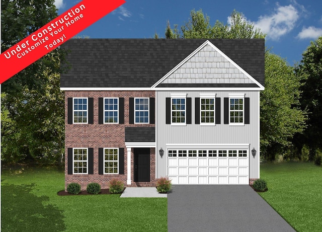 5255 Arrowhead Trl, Salem, VA 24153 - view of front of property featuring a front lawn, a garage, asphalt driveway, roof with shingles, and brick siding
