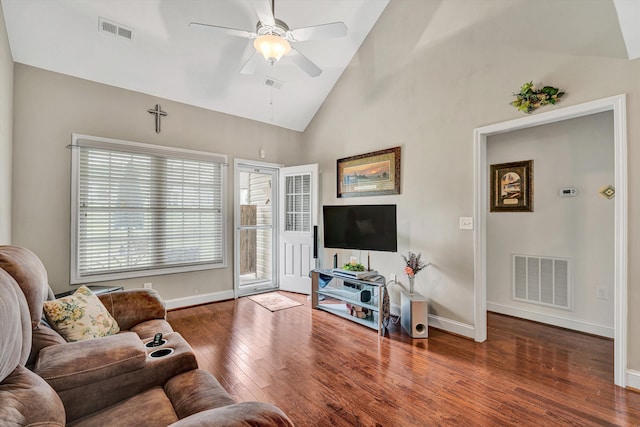 4210 Hannah Belle Way, Roanoke, VA 24018 - living room featuring hardwood / wood-style flooring, baseboards, ceiling fan, and high vaulted ceiling