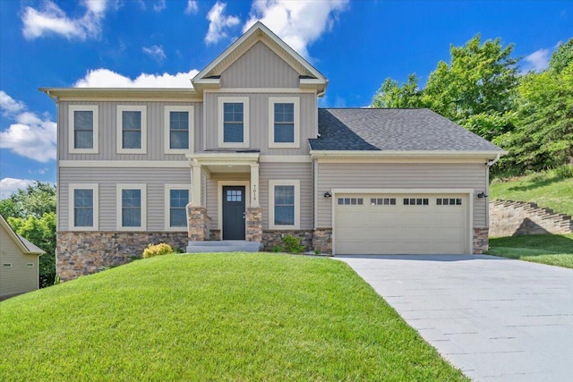 7019 Linn Cove Ct, Roanoke, VA 24018 - craftsman-style home with stone siding, a front lawn, concrete driveway, an attached garage, and board and batten siding