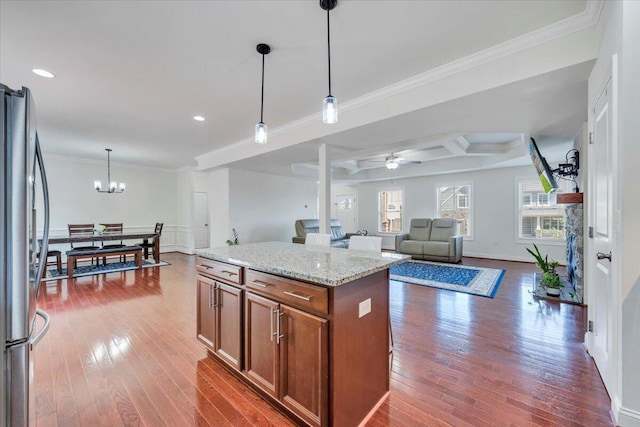 7019 Linn Cove Ct, Roanoke, VA 24018 - kitchen featuring freestanding refrigerator, brown cabinetry, a ceiling fan, light stone counters, and recessed lighting