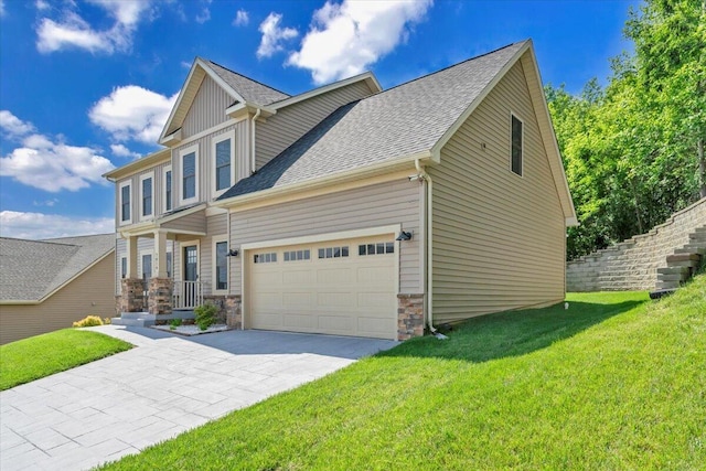 7019 Linn Cove Ct, Roanoke, VA 24018 - view of front of property featuring driveway, a front lawn, roof with shingles, an attached garage, and stone siding