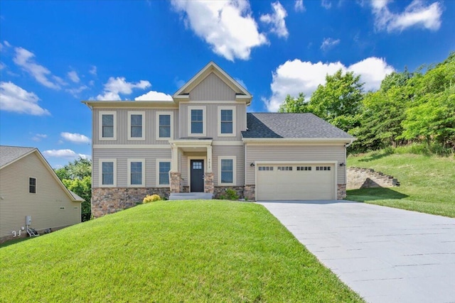 7019 Linn Cove Ct, Roanoke, VA 24018 - craftsman house featuring stone siding, driveway, a front yard, and a garage