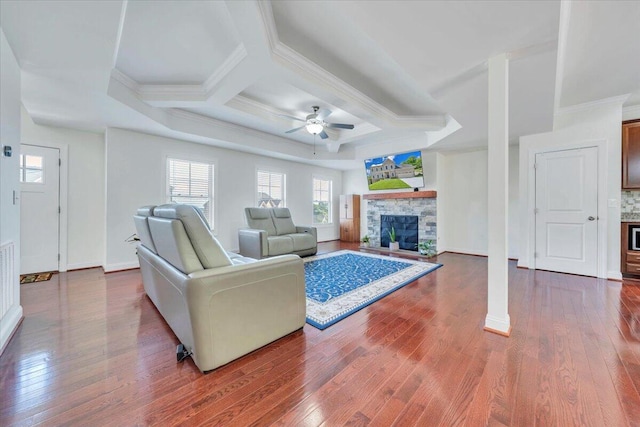 7019 Linn Cove Ct, Roanoke, VA 24018 - living area featuring a ceiling fan, hardwood / wood-style floors, a fireplace, crown molding, and coffered ceiling