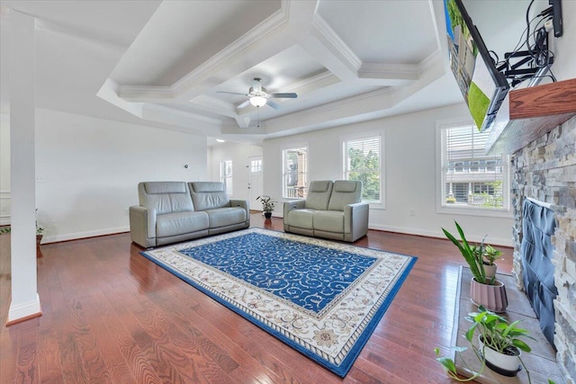 7019 Linn Cove Ct, Roanoke, VA 24018 - living area featuring crown molding, coffered ceiling, a ceiling fan, beam ceiling, and baseboards
