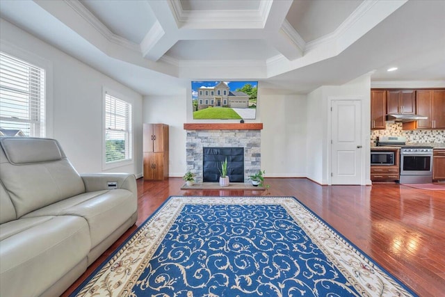 7019 Linn Cove Ct, Roanoke, VA 24018 - living area with wood finished floors, crown molding, a fireplace, beamed ceiling, and baseboards