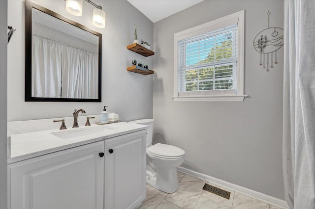 828 Ray St, Roanoke, VA 24019 - bathroom featuring marble look tile flooring, vanity, toilet, baseboards, and a shower with shower curtain
