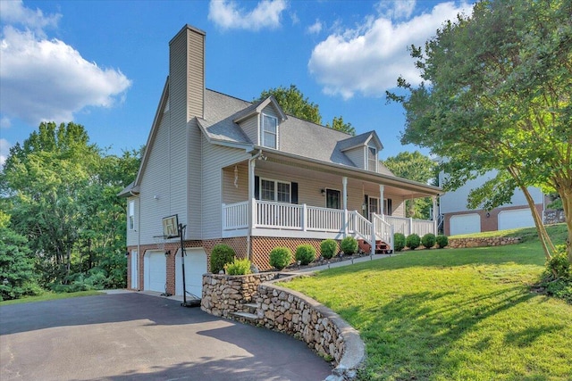 828 Ray St, Roanoke, VA 24019 - view of front of house featuring a garage, a porch, a front yard, driveway, and a chimney
