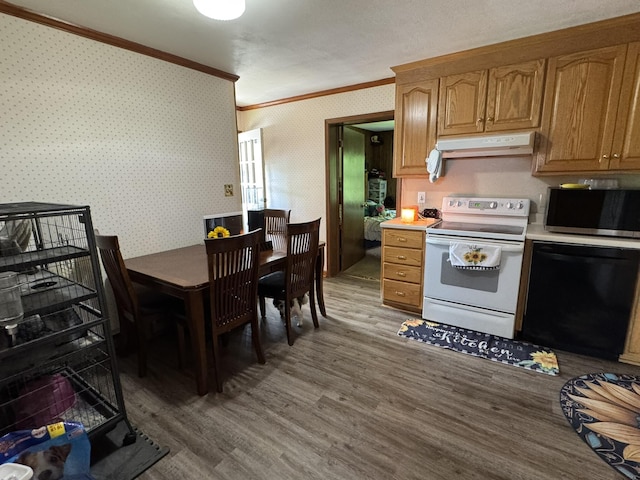 570 Scuffling Hill Rd, Rocky Mount, VA 24151 - kitchen with white electric range, stainless steel microwave, dishwasher, crown molding, and under cabinet range hood