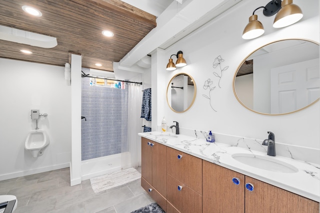 2561 Inglewood Rd SW, Roanoke, VA 24015 - bathroom featuring a stall shower, double vanity, recessed lighting, tile patterned floors, and baseboards
