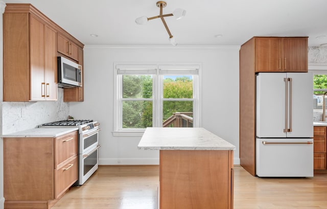 2561 Inglewood Rd SW, Roanoke, VA 24015 - kitchen featuring white appliances, light wood-style flooring, backsplash, light stone countertops, and ornamental molding