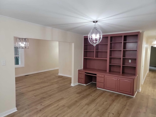 640 Cooks Knob Rd, Ferrum, VA 24088 - unfurnished dining area with a chandelier, ornamental molding, light wood-style flooring, baseboards, and an office area