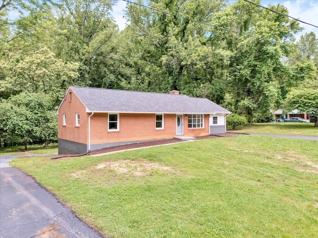 201 Forest Ridge Dr, Vinton, VA 24179 - ranch-style house featuring brick siding, a front yard, a chimney, driveway, and roof with shingles