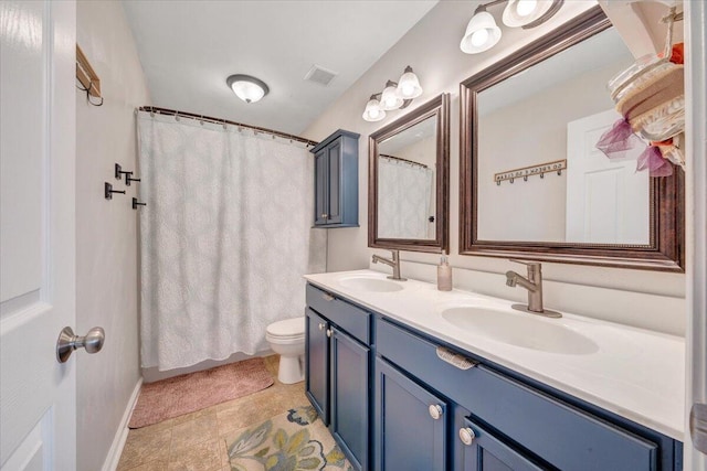 590 Keystone Dr NW, Christiansburg, VA 24073 - bathroom with double vanity, toilet, curtained shower, and baseboards