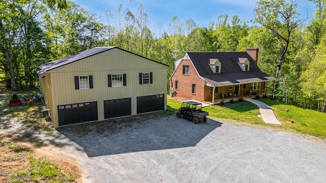 1132 Bancroft Ln, Goode, VA 24556 - view of front of property featuring a chimney, dirt driveway, a front lawn, a porch, and a view of trees